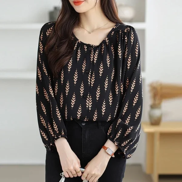 SA014 Womens Long Puff Sleeve Round Neck Chiffon Top Loose Fit Ideal for Work or Casual Wear