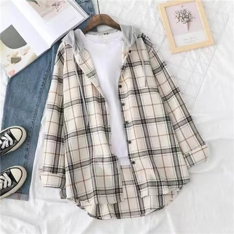 Korean Style Women Ladies Loose Vintage Plaid Long Sleeve Shirt Blouse Baju Baju Wanita Lengan Panjang