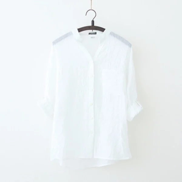 4af176d79708e7b34d66a46806d01009.webp Korean Style Women Ladies Loose Linen 3 4 Sleeve Shirt Blouse Baju Baju Wanita Lengan Panjang