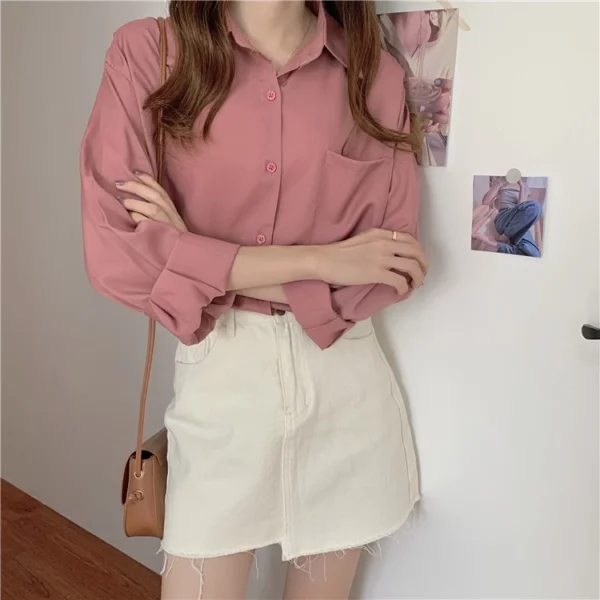 Korean Style Women Ladies Loose Long Sleeve Shirt Blouse Baju Baju Wanita Lengan Panjang