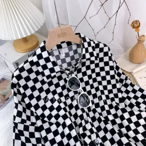 a721d016d6833fb7e0034e5518dcb741.webp Korean Style Women Ladies Loose Vintage Plaid Long Sleeve Shirt Blouse Baju Baju Wanita Lengan Panjang