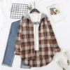 Korean Style Women Ladies Loose Vintage Plaid Long Sleeve Shirt Blouse Baju Baju Wanita Lengan Panjang