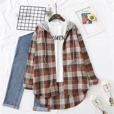 Korean Style Women Ladies Loose Vintage Plaid Long Sleeve Shirt Blouse Baju Baju Wanita Lengan Panjang