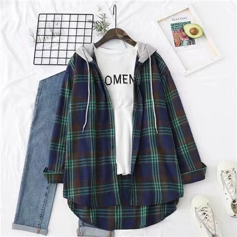 Korean Style Women Ladies Loose Vintage Plaid Long Sleeve Shirt Blouse Baju Baju Wanita Lengan Panjang