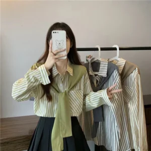 cn-11134207-7qukw-lfij2pxluc7fe3.webp Korean Style Women Ladies Loose Stripe Long Sleeve Shirt Blouse Baju Baju Wanita Lengan Panjang