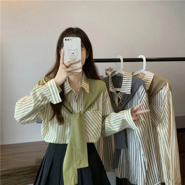 Korean Style Women Ladies Loose Stripe Long Sleeve Shirt Blouse Baju Baju Wanita Lengan Panjang