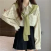 Korean Style Women Ladies Loose Stripe Long Sleeve Shirt Blouse Baju Baju Wanita Lengan Panjang