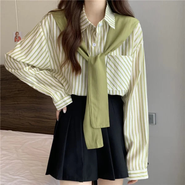 Korean Style Women Ladies Loose Stripe Long Sleeve Shirt Blouse Baju Baju Wanita Lengan Panjang