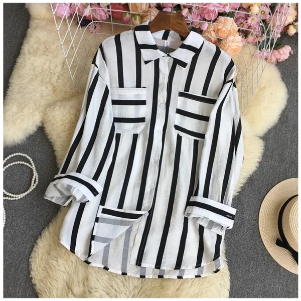 Korean Style Women Ladies Loose Oversized Stripe Long Sleeve Shirt Blouse Baju Baju Wanita Lengan Panjang