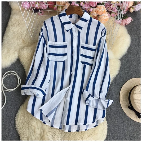 Korean Style Women Ladies Loose Oversized Stripe Long Sleeve Shirt Blouse Baju Baju Wanita Lengan Panjang