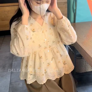 Korean Style Women Ladies Loose Lace Plus Size V Neck Lantern Long Sleeve Shirt Blouse Baju Baju Wanita Lengan Panjang