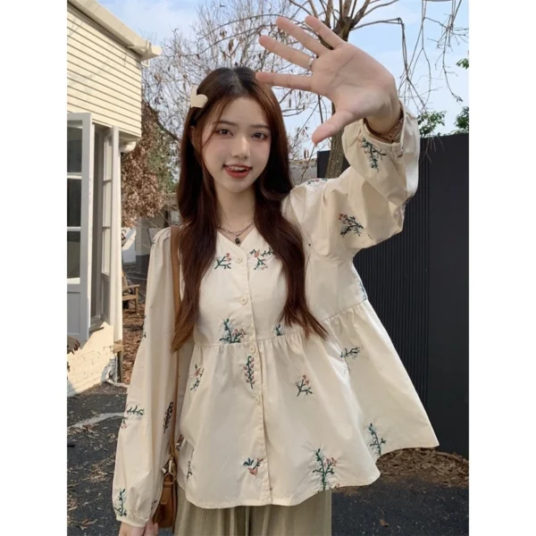 Korean Style Women Ladies Loose Lace Plus Size V Neck Lantern Long Sleeve Shirt Blouse Baju Baju Wanita Lengan Panjang