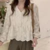 Korean Style Women Ladies Loose Lace Plus Size V Neck Lantern Long Sleeve Shirt Blouse Baju Baju Wanita Lengan Panjang
