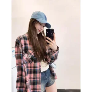 Korean Style Women Ladies Loose Vintage Plaid Long Sleeve Shirt Blouse Baju Baju Wanita Lengan Panjang