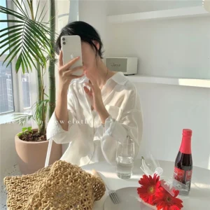 Korean Style Women Ladies Loose Long Sleeve Shirt Blouse Baju Baju Wanita Lengan Panjang