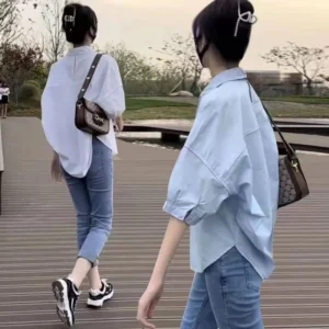 Korean Style Women Ladies Loose 3 4 Sleeve Shirt Blouse Baju Baju Wanita Lengan Panjang
