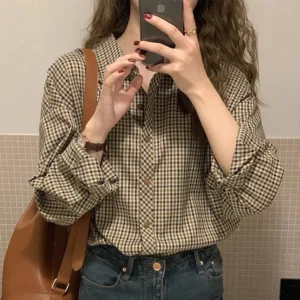 Korean Style Women Ladies Loose Vintage Plaid Long Sleeve Shirt Blouse Baju Baju Wanita Lengan Panjang