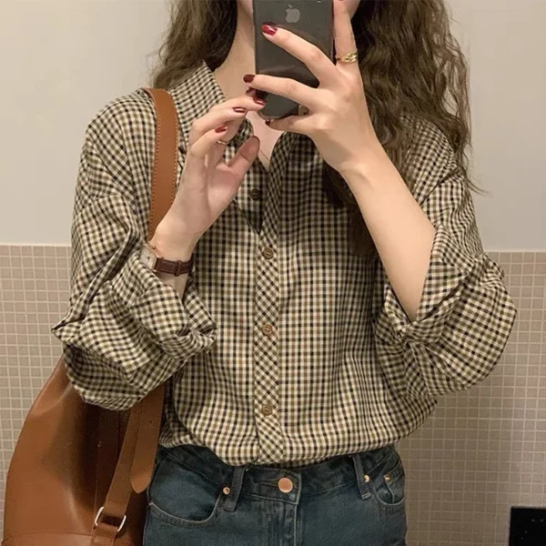 Korean Style Women Ladies Loose Vintage Plaid Long Sleeve Shirt Blouse Baju Baju Wanita Lengan Panjang