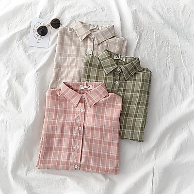 korean style women ladies long sleeve vintage plaid shirt blouse baju wanita lengan panjang