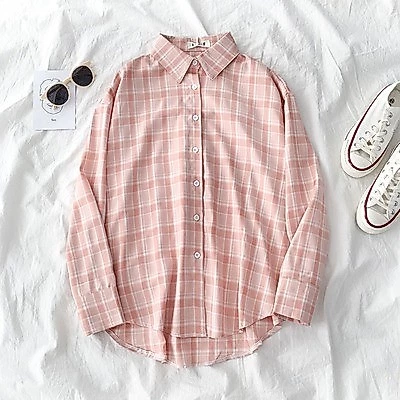 korean style women ladies long sleeve vintage plaid shirt blouse baju wanita lengan panjang