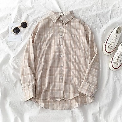 korean style women ladies long sleeve vintage plaid shirt blouse baju wanita lengan panjang